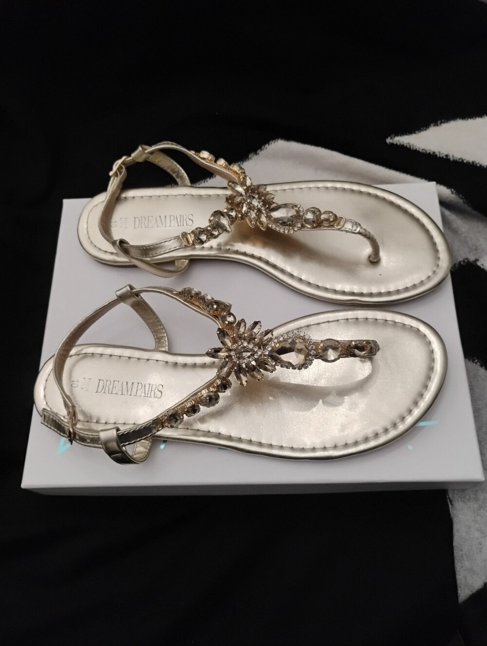 Bejeweled Gold Metallic T Strap Sandals by Dream Pairs Sz 10 - Picture 10 of 10